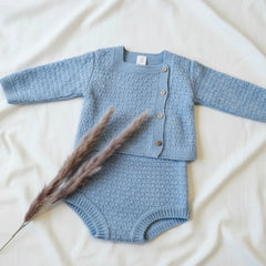 Ensemble short et pull à bouton bois bleu
